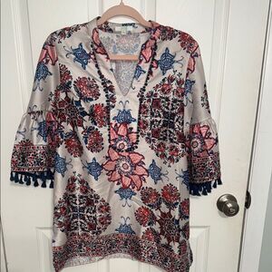 Anthropologie Jade multicolored floral Tunic w Mandarin Collar& tasseled sleeves